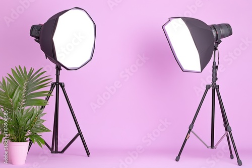 A studio setup featuring a camera surrounded by softbox lighting and reflectors, ready for a professional shoot photo