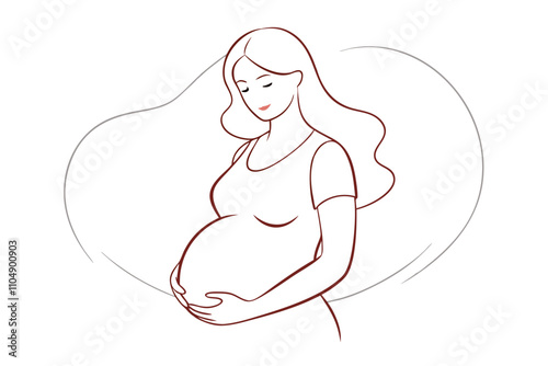 Line Drawing of Pregnant Woman Holding Belly - Vector Art Illustration