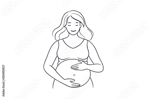 Line Drawing of Pregnant Woman Holding Belly - Vector Art Illustration