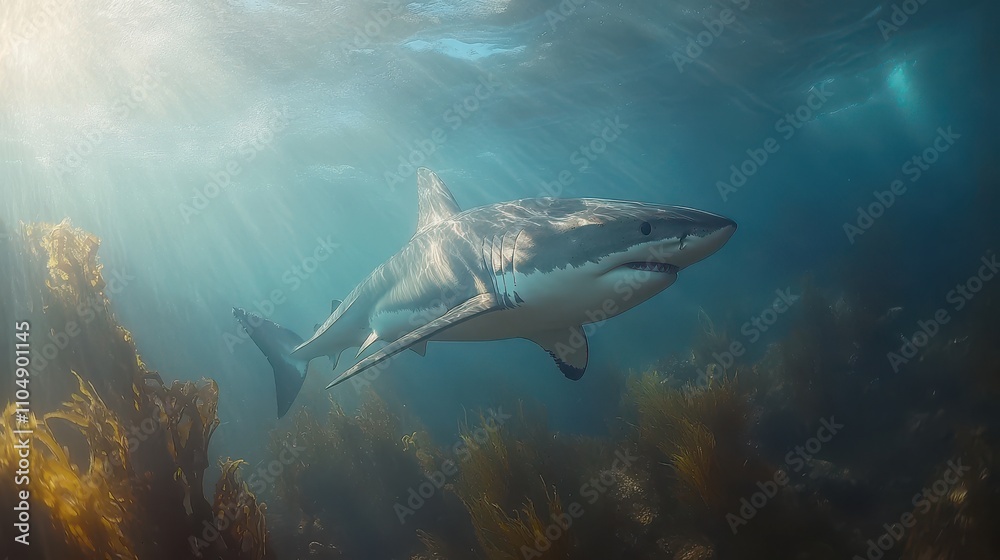 Stunning Underwater Shot of a Great White Shark Swimming Gracefully Through Sunlit Ocean Waters Surrounded by Vibrant Kelp Forest and Playful Sun Rays Stunning Underwater Shot of a Great White Shark Swimming Gracefully Through Sunlit Ocean Waters Surrounded by Vibrant Kelp Forest and Playful Sun Rays