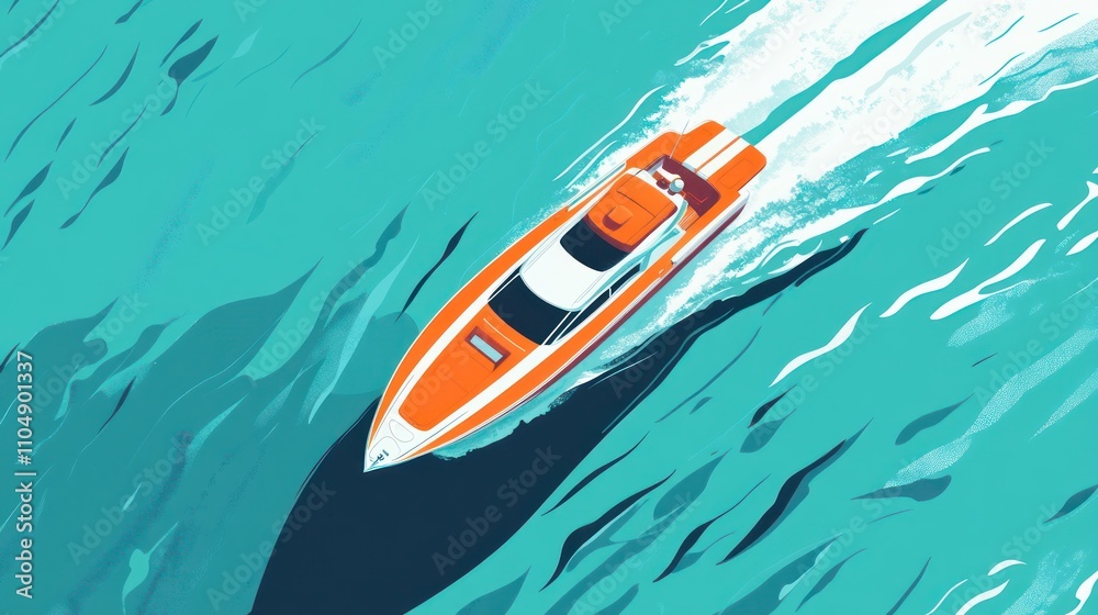 Orange Speedboat Cruising on Turquoise Waters: A Top-Down View Orange Speedboat Cruising on Turquoise Waters: A Top-Down View