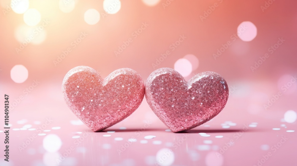 Two Hearts On Pink Glitter In Shiny Background - Valentine's Day Concept