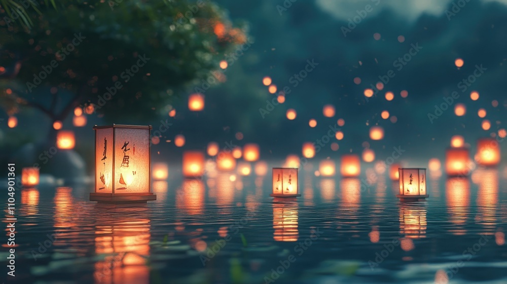 A group of glowing Asian lanterns on still water, illuminating the tranquil night and casting a warm glow. A group of glowing Asian lanterns on still water, illuminating the tranquil night and casting a warm glow.