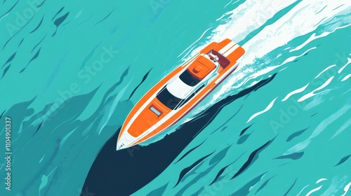 Orange Speedboat Cruising on Turquoise Waters: A Top-Down View