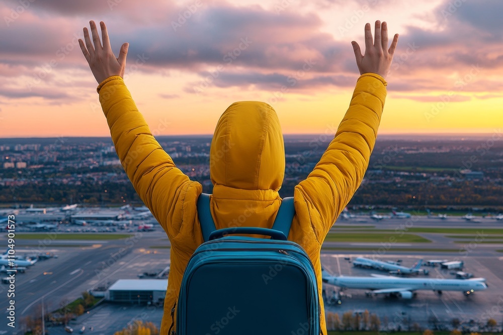 Fototapeta premium A warm photo of a person waving goodbye at an airport departure gate, surrounded by luggage