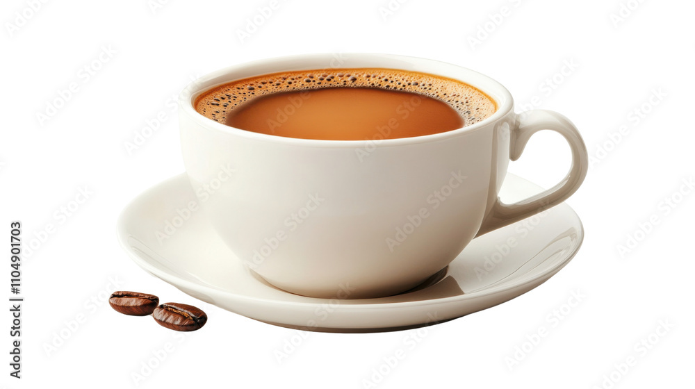 cup of coffee with beans isolated on white background