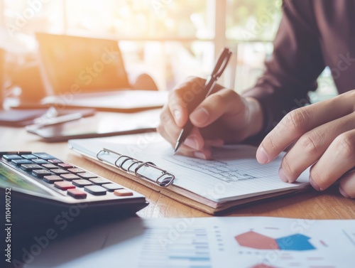 Budget restrictions, person calculating expenses on a notepad