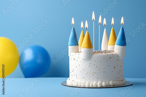 A whimsical photo of a cake shaped like a castle, with detailed frosting turrets and edible sparkles photo