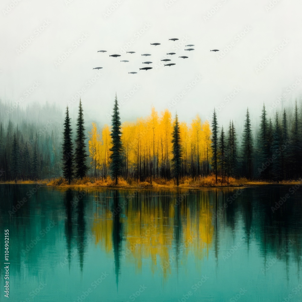 Misty lake reflecting autumn trees and birds. Misty lake reflecting autumn trees and birds.
