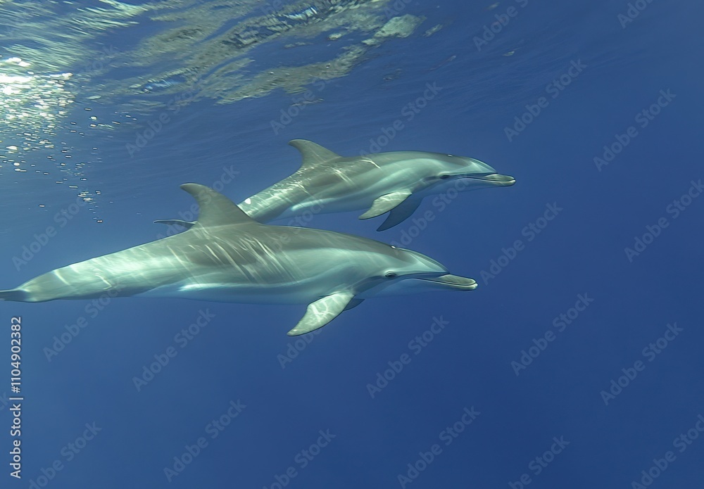 Fototapeta premium Two Graceful Dolphins Swimming in Clear Blue Ocean Waters, Showcasing Marine Life and Underwater Beauty with Natural Light Reflections on Skin