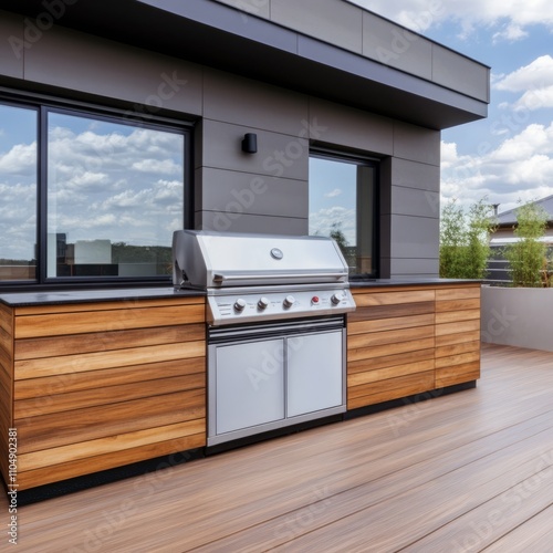 Modern outdoor kitchen with stainless steel grill and wooden cabinetry on a rooftop deck.