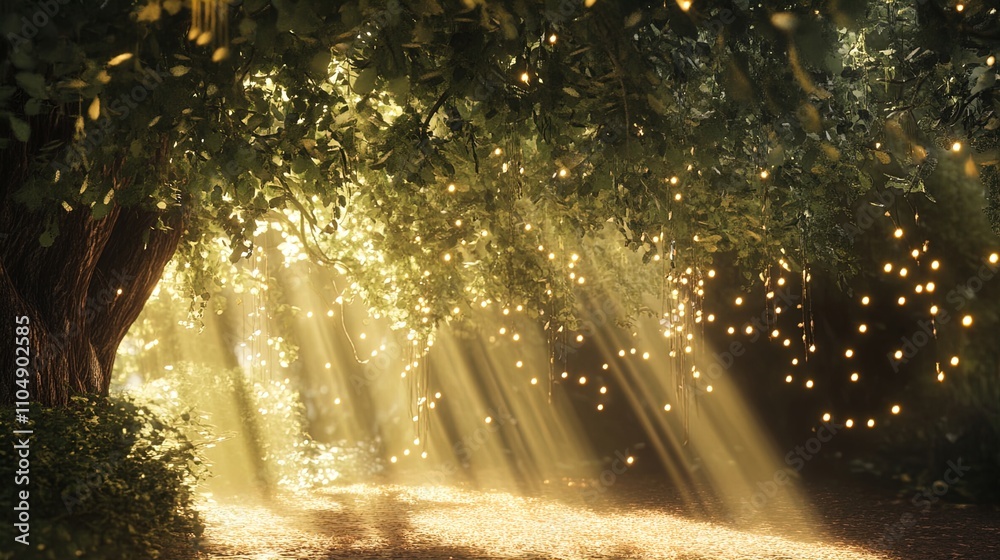 A serene and enchanting forest scene illuminated by warm, golden sunlight filtering through a thick canopy of lush green leaves. The light creates a captivating display of rays breaking through the fo