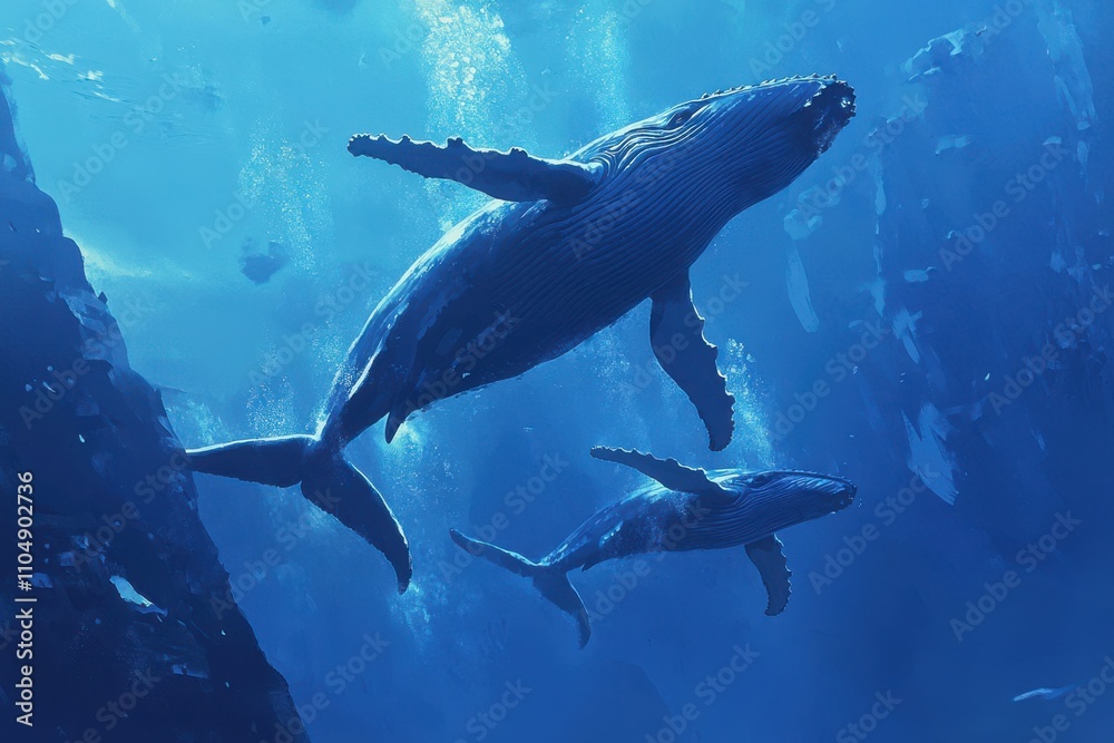 Fototapeta premium Two majestic humpback whales swim gracefully through the deep blue ocean, showcasing their size and beauty amidst vibrant marine life and stunning underwater scenery.