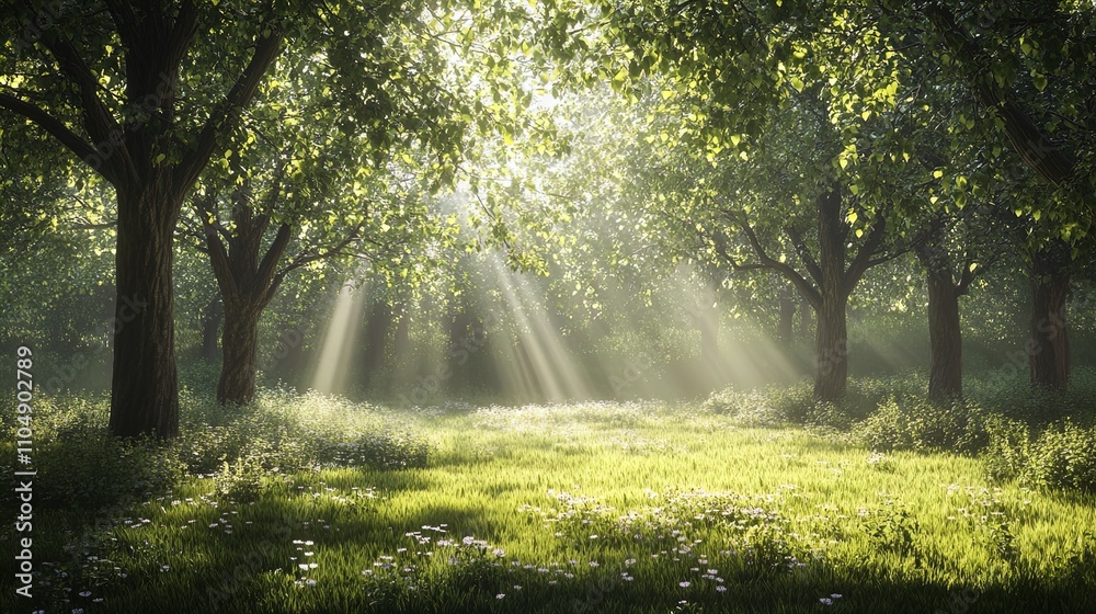 Obraz premium A serene forest scene bathed in soft sunlight, with rays of light filtering through the lush green leaves of deciduous trees. The ground is covered in vibrant green grass interspersed with small white