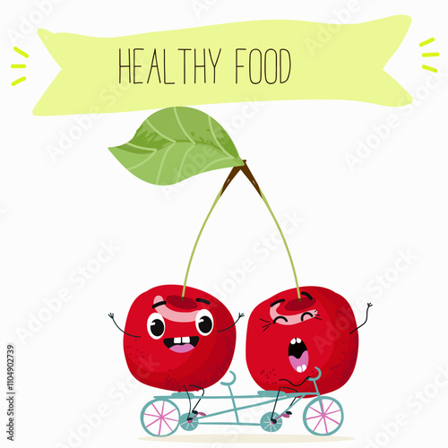 Cute cherry characters, funny berries, activities, leisure. Hand drawn vector illustration. Organic food, healthy, for kids menu, flyer, advertisement, wrap, label, invitation.