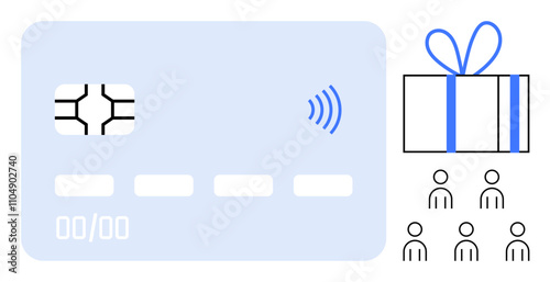 Credit card with chip and contactless symbol, gift box with blue ribbon, and six-person group. Ideal for finance, shopping, rewards, banking, social gatherings online payment holidays. Line