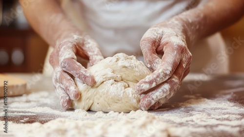 Hands Kneading Dough, Artisan Bread Making, Floury Surface, Baking Process photo