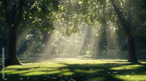 A serene forest scene features tall trees with lush green foliage, casting intricate shadows on a vibrant grassy floor. Sunlight streams through the leaves, creating ethereal beams of light that illum photo