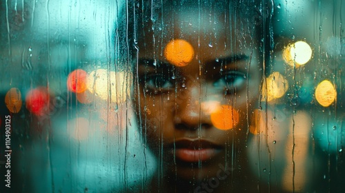 Persons face in old window with rain streaks and lights AR 169 quality 2 stylize 200 V 61