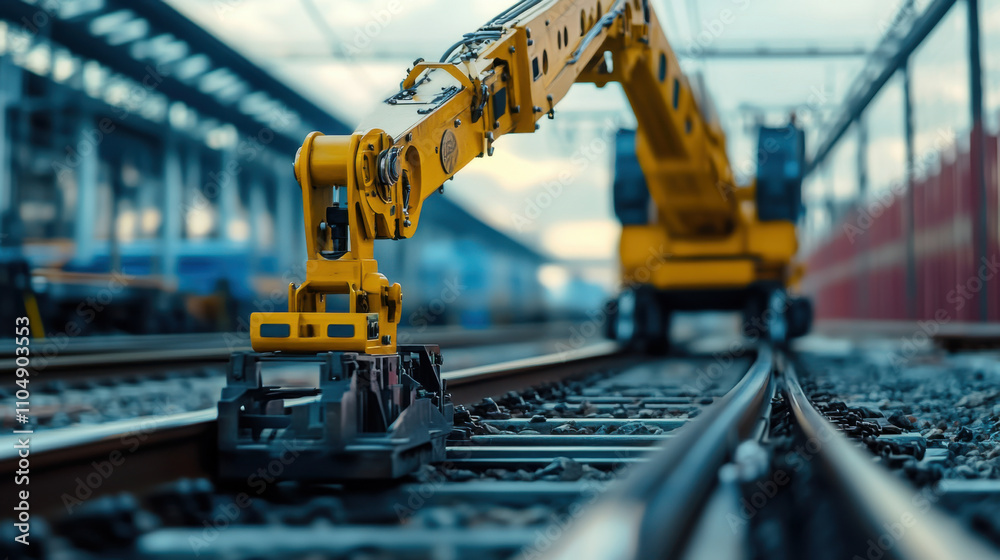 robotic arm working on railway tracks, showcasing advanced technology in railway systems. scene captures precision and innovation in railway engineering robotic arm working on railway tracks, showcasing advanced technology in railway systems. scene captures precision and innovation in railway engineering