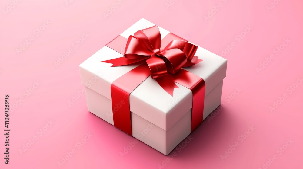 Fototapeta premium Festive new year background featuring a white 3d gift box with a vibrant red ribbon and bow, set against a soft pink backdrop, perfect for holiday celebrations, seasonal greeting designs, and festive 