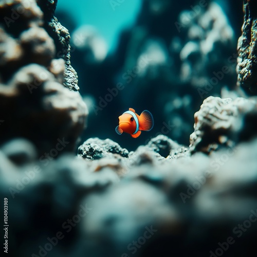 Orange clownfish swims in coral reef.