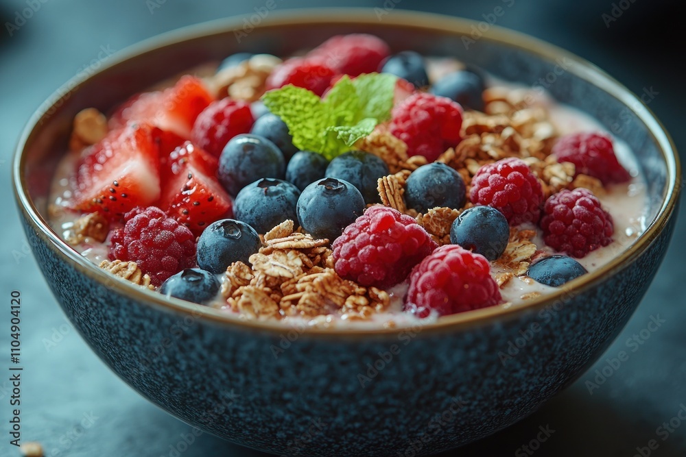A close-up view of a bowl of yogurt with granola, strawberries, blueberries, and raspberries, garnished with a sprig of mint. A close-up view of a bowl of yogurt with granola, strawberries, blueberries, and raspberries, garnished with a sprig of mint.