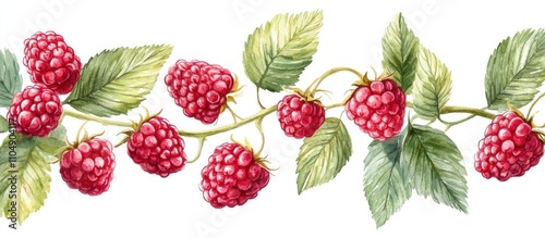 Watercolor painting of a raspberry branch with red berries and green leaves. photo