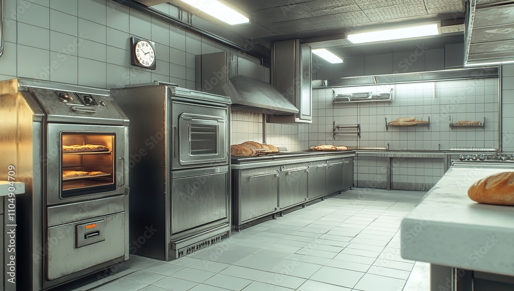 A Retro-Styled Industrial Bakery Kitchen Interior: Stainless Steel Appliances, Freshly Baked Bread, and a Vintage Clock