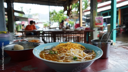A Delicious Bowl of Laksa at a bustling outdoor eatery in Southeast Asia.  The vibrant colors and aromas fill the air, creating a sensory experience.