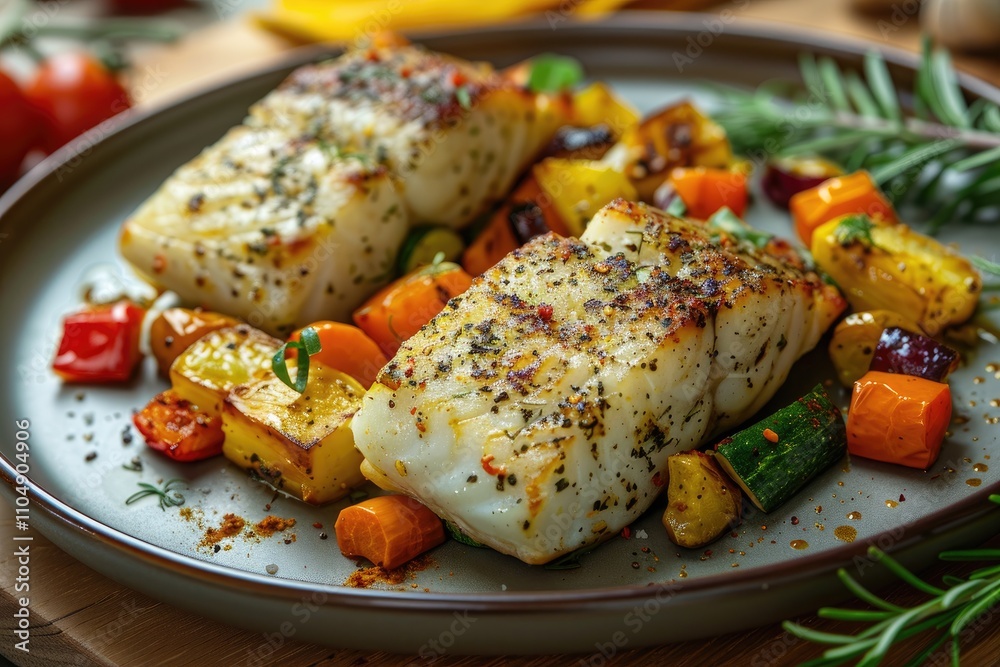 Grilled cod fillets served with roasted vegetables. Perfect for healthy eating, recipe blogs, or restaurant menus.