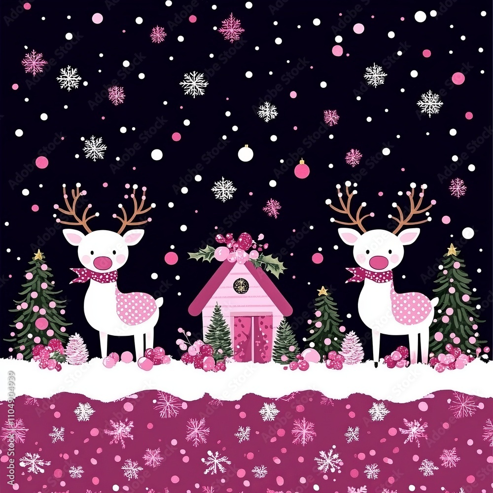 Naklejka premium Pink reindeer, snow, house, Christmas scene.
