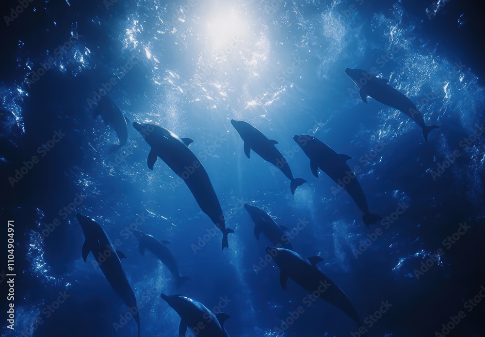 Fototapeta premium Underwater Scene with Dolphins Swimming Gracefully through the Light in a Deep Blue Ocean Environment, Capturing the Serenity of Marine Life and Natural Beauty