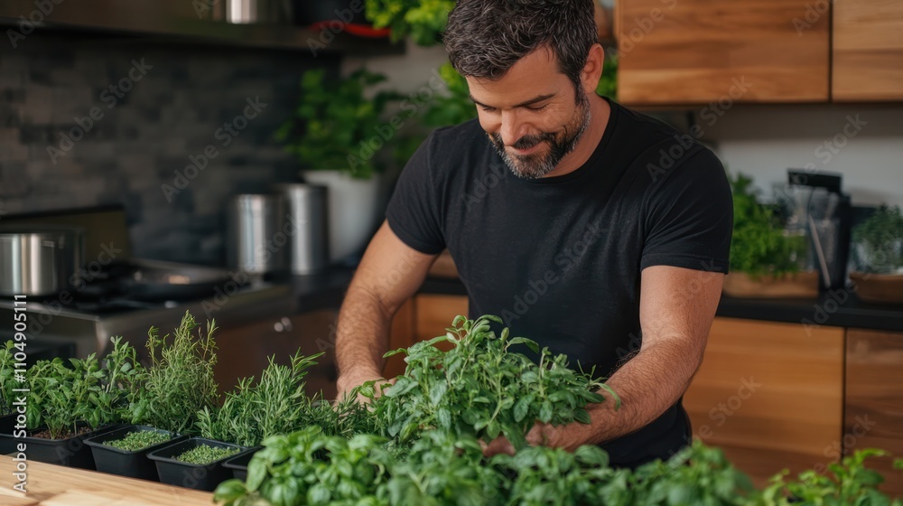 Fototapeta premium Frugal and eco-friendly habits like growing herbs indoors