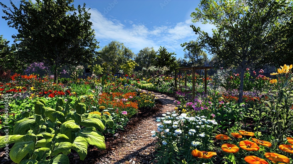 Naklejka premium A vibrant garden scene filled with a diverse array of flowers blooming in various colors. The foreground features large green leaves and clusters of flowers in bright yellows, oranges, and whites. A w