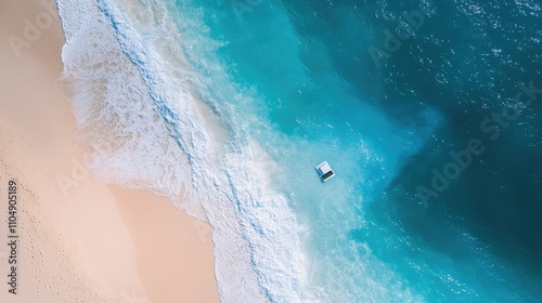 Close-up of a laptop on a tropical beach with blue skies and waves in the background, symbolizing remote work and the freedom of freelancing.