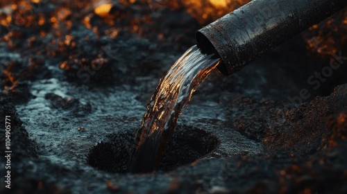Wallpaper Mural Close-up of dark petroleum flowing out of a pipe from the ground, illustrating oil field extraction and industrial processes Torontodigital.ca
