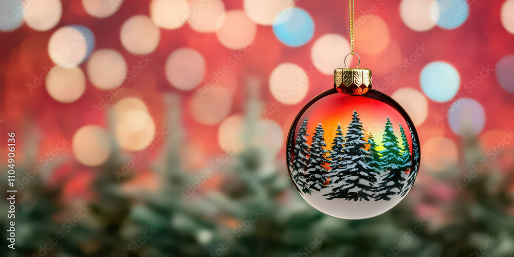 Fototapeta premium beautiful Christmas ornament featuring snowy trees, festive colors, and bokeh lights