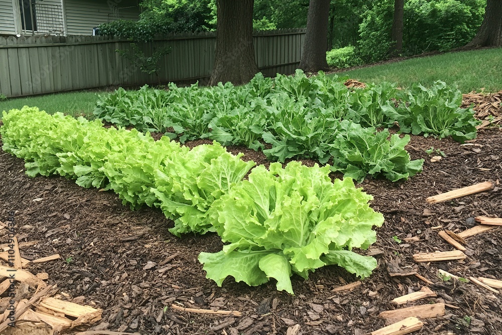 Vibrant Homegrown Lettuce Garden Thriving in Backyard Abundance Fresh Organic Greens Rows of Lush Leafy Vegetables Cultivated in Mulched Beds Vibrant Homegrown Lettuce Garden Thriving in Backyard Abundance Fresh Organic Greens Rows of Lush Leafy Vegetables Cultivated in Mulched Beds