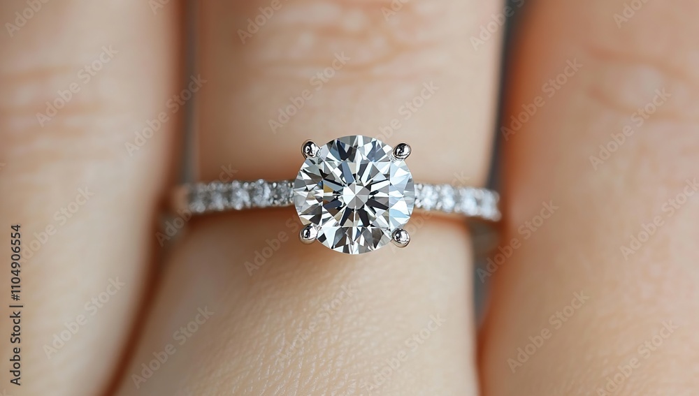 Sparkling Solitaire Diamond Engagement Ring on Finger: A Close-Up View of a Classic and Elegant Diamond Jewelry Piece Sparkling Solitaire Diamond Engagement Ring on Finger: A Close-Up View of a Classic and Elegant Diamond Jewelry Piece