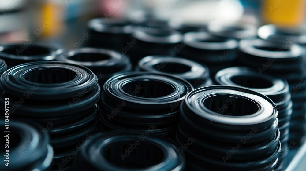 Close-up view of high-quality black rubber gaskets, essential components for automotive repairs, neatly arranged in an auto parts store.