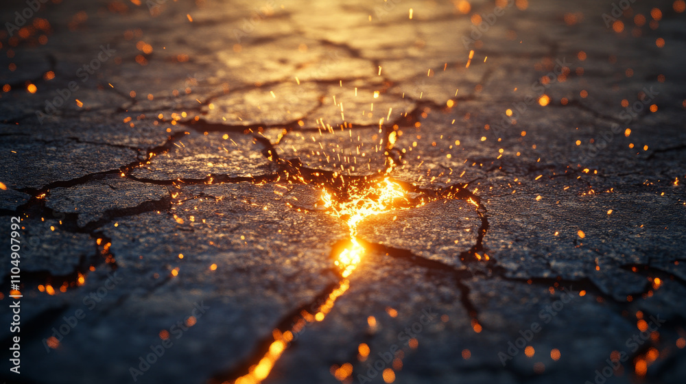 Broken ground or wall concrete surface with hole, cracks and volcanic glow from behind it with smoke and sparkles. Realistic 3d vector illustration of floor or land fracture with fire light effect. Broken ground or wall concrete surface with hole, cracks and volcanic glow from behind it with smoke and sparkles. Realistic 3d vector illustration of floor or land fracture with fire light effect.