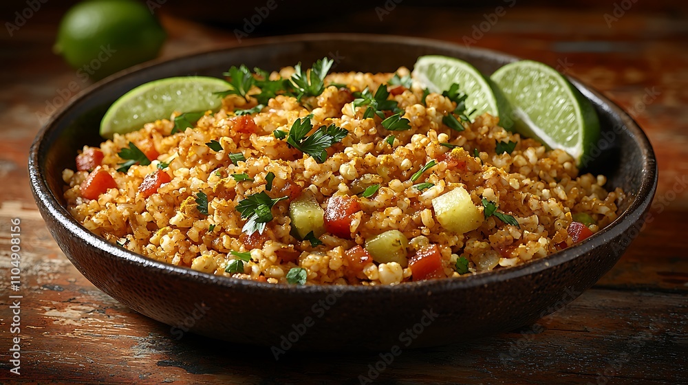 Close-up of a bowl of bulgur salad with tomatoes, cucumbers, and lime wedges. Close-up of a bowl of bulgur salad with tomatoes, cucumbers, and lime wedges.