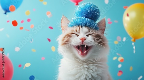 Cute Cat in a Party Hat with Confetti and Balloons - Photo