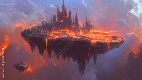 Hell landscape with lava for fantasy game vector illustration. Red rock scene with mountain and volcanic magma flow. Floating island in scary inferno apocalypse world. Molten and burn wild planet land