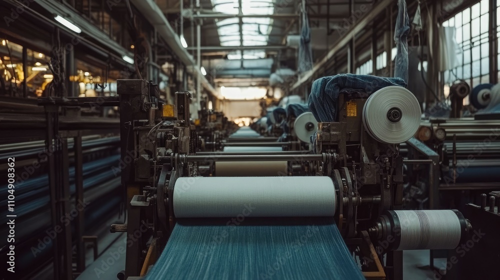 Industrial textile machinery in a denim factory, focusing on fabric rolls and the weaving process used to create high-quality denim fabrics Industrial textile machinery in a denim factory, focusing on fabric rolls and the weaving process used to create high-quality denim fabrics