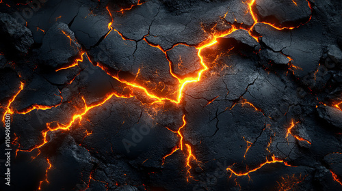 Lava crack with fire. Red volcano floor effect. Broken land and volcanic destruction on black background. Realistic thunderbolt energy line. Neon crash flame top view. Gold land break design