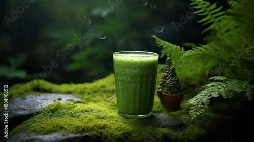 Refreshing matcha smoothie set on a mossy rock in a serene forest surrounded by delicate ferns and morning dew capturing the essence of nature s tranquility and organic wellness photo