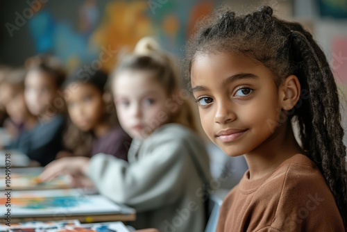 A young girl with dreadlocks smiles subtly in a classroom setting; other children are blurred in the background. This image is perfect for themes of education, childhood, diversity, and inclusion.