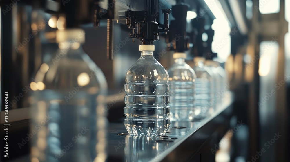 Robotic factory line processing pure spring water into plastic bottles, showcasing an efficient bottling process in action. Robotic factory line processing pure spring water into plastic bottles, showcasing an efficient bottling process in action.